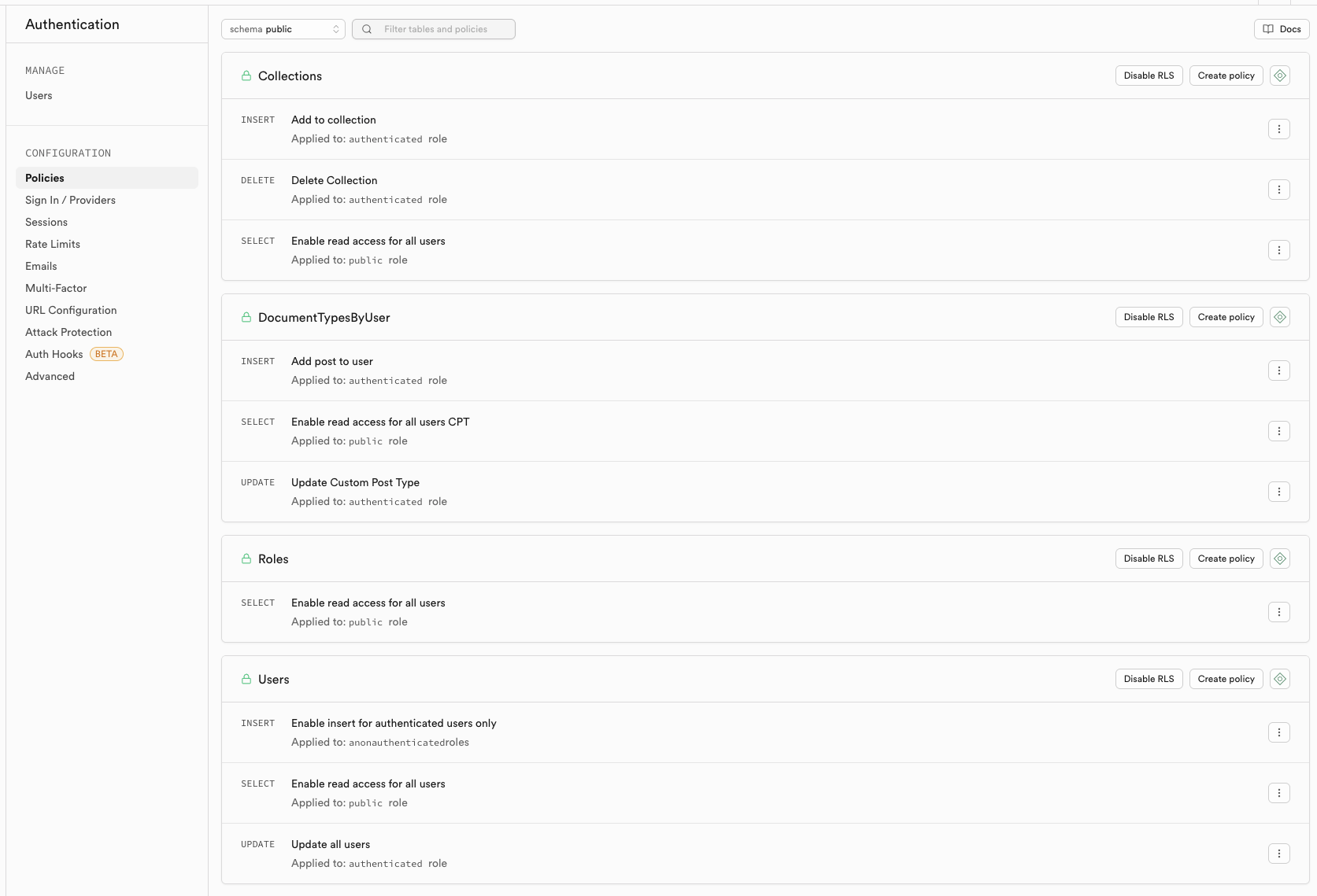 Supabase authentication section