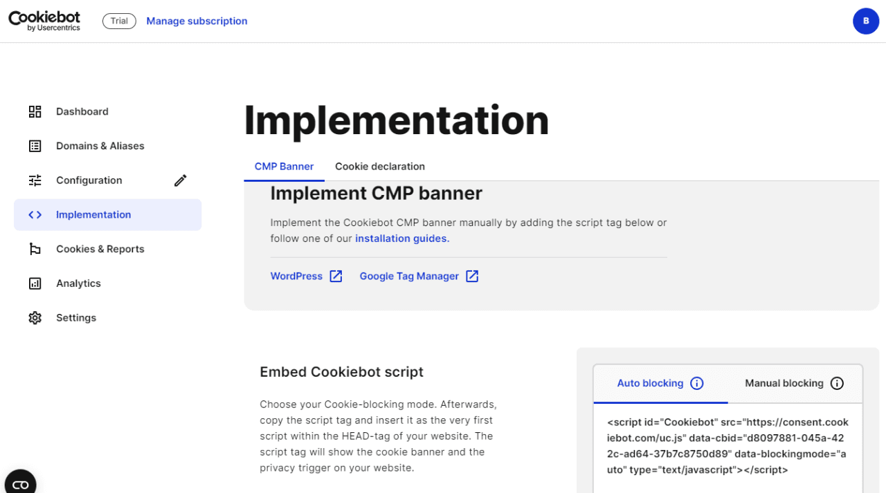 Cookiebot implementation