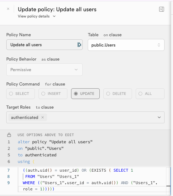 Supabase policy for admins and authenticated users