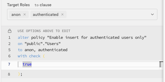 Supabase policy for any users