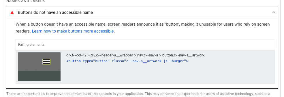 Buttons do not have an accessible name warning in PageSpeed