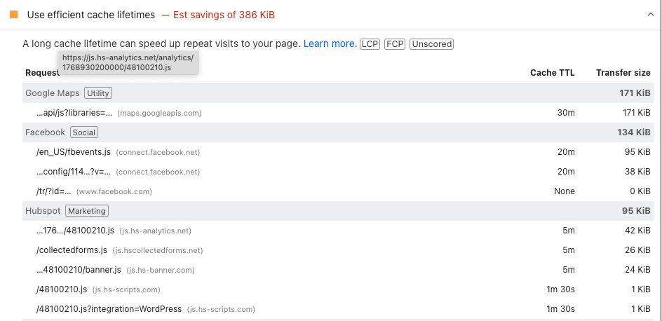 Use efficient cache lifetimes warning in PageSpeed