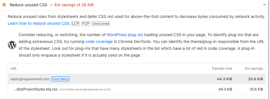 Reduce unused CSS warning in PageSpeed
